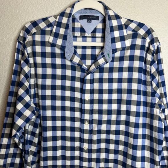 Tommy Hilfiger Sz 17/34-35 Slim Fit Long Sleeve Blue Checked Dress Shirt - Picture 1 of 10